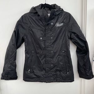 Black Burton Ski Jacket - hood, front zipper and unique clasps size S